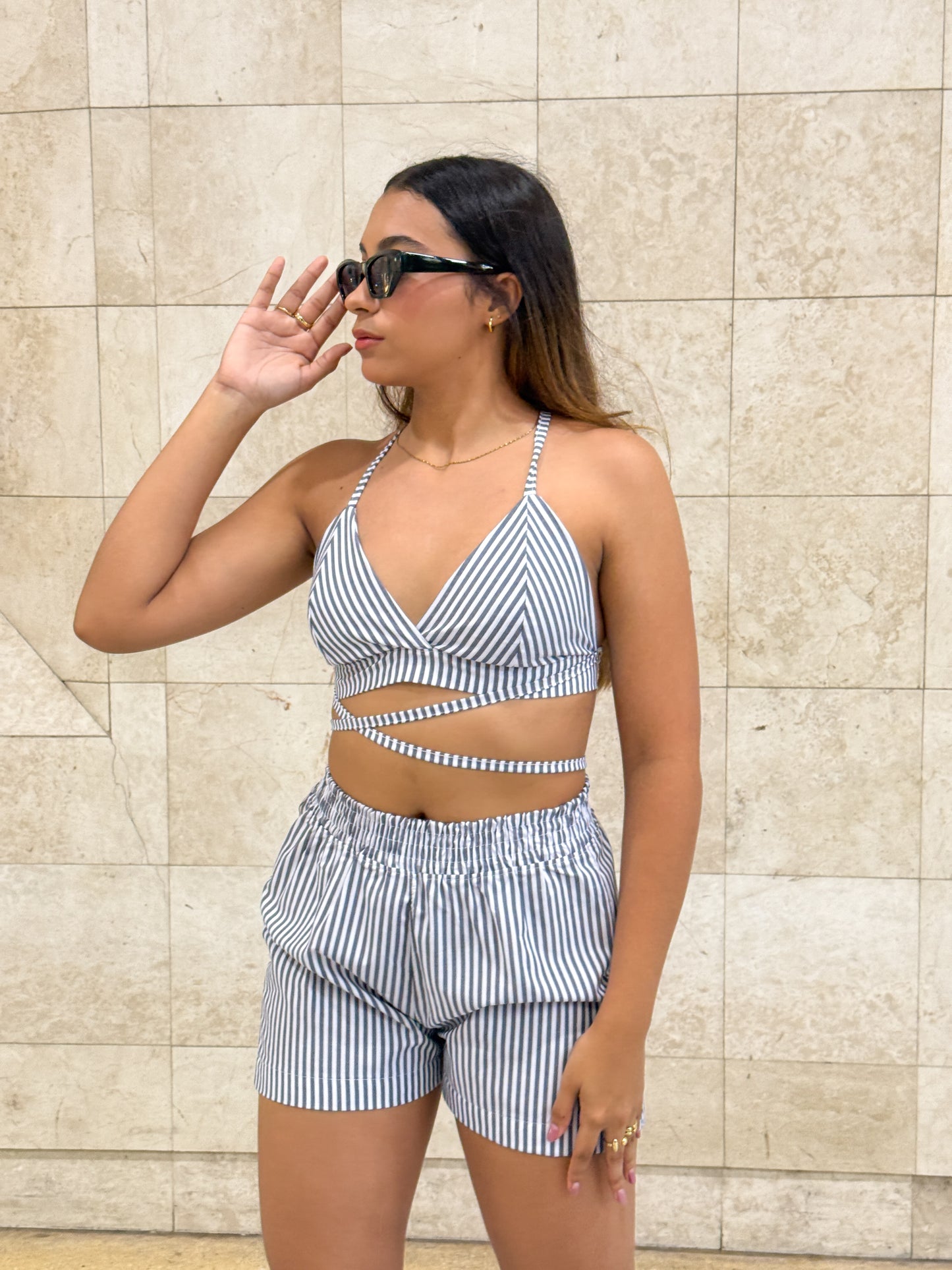 SHORT + TOP RAYAS AZUL